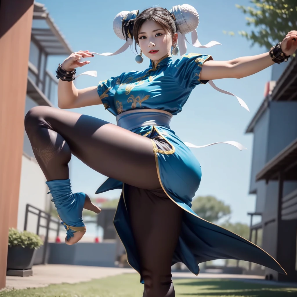 Em um photoshoot profissional e de marketing realista, capturar Chun Li, Destaque para as mãos que devem ter cinco dedos em cada mão, o icônico personagem Street Fighter, em uma pose de ação intermediária. Mostre sua força e determinação enquanto ela executa um chute alto poderoso, seu foco e intensidade evidentes em seus olhos penetrantes. Destaque seu traje tradicional de inspiração chinesa, Completo com detalhes bordados e cores vibrantes que transmitem sua herança e proeza em artes marciais, Melhore a composição com iluminação dinâmica que acentua os contornos do seu físico muscular, mantendo o fundo limpo e minimalista, permitindo que ela seja o centro das atenções, Ênfase nas mãos que devem ser naturais e realistas