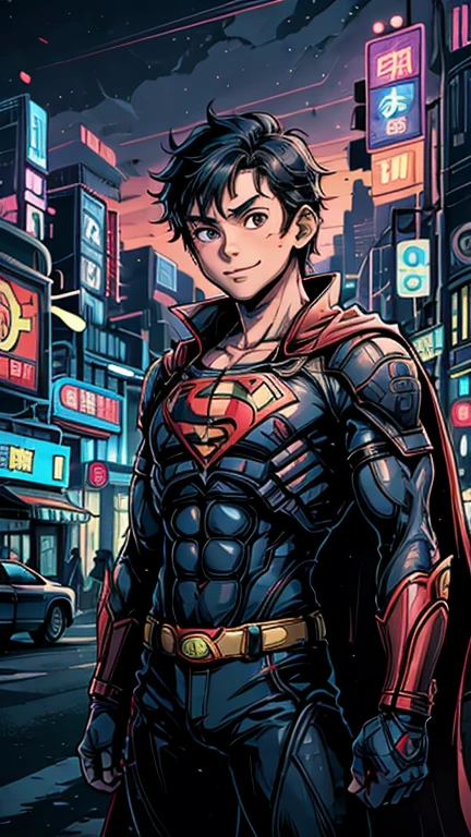 (8k),(masterpiece),(Japanese),(13-year-old boy),((innocent look)),((Childish)),From the front,Cowboy shot, upper body, smile,cute,Innocent,Kind eyes,Flat chest, DC Superman superhero, red cape, short,Hair blowing in the wind, Black Hair,Strong wind,midnight,dark, pitch black, Neon light PunkAI Metropolis City,