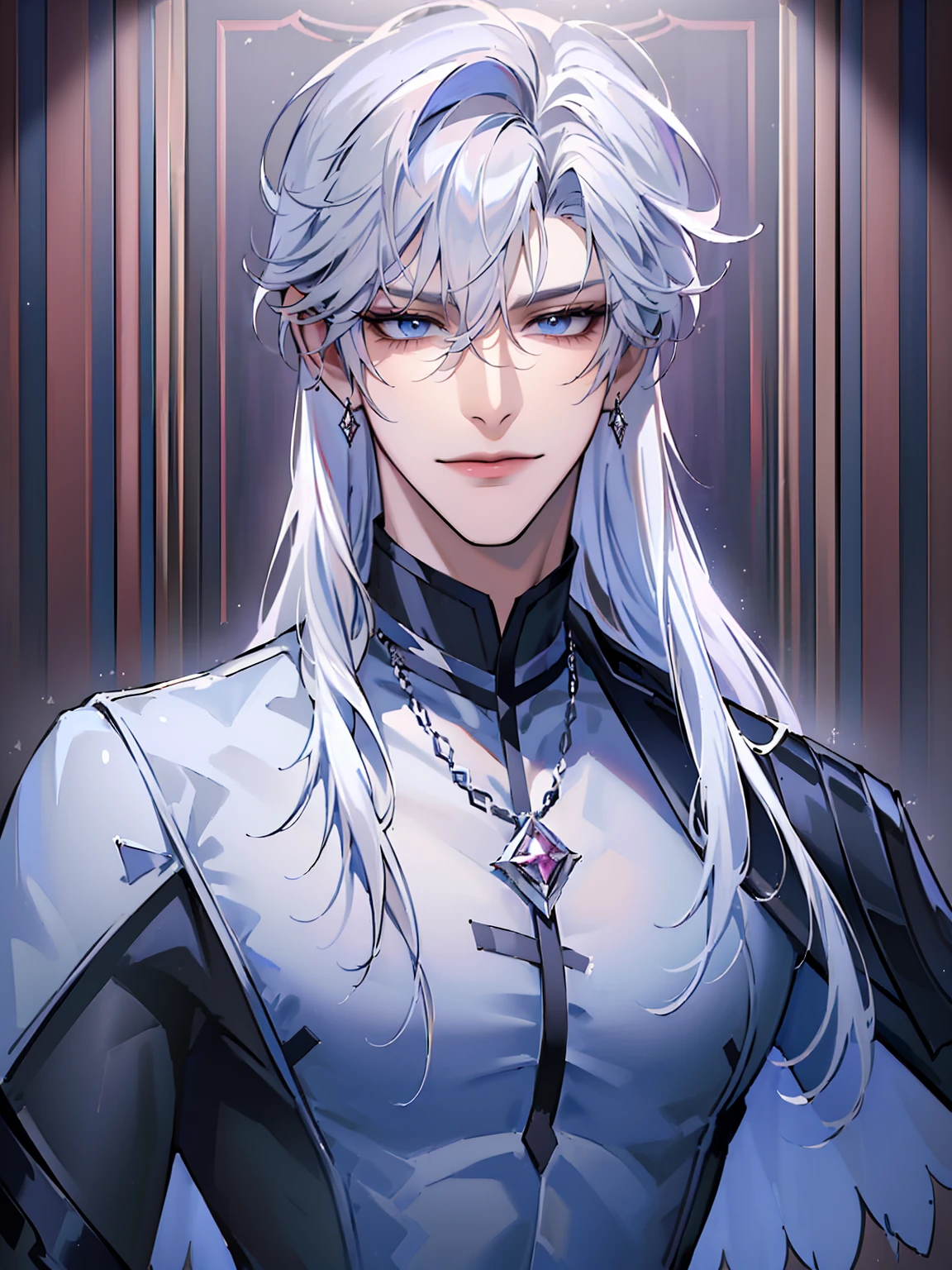 (masterpiece, 8k, high quality, best quality:1.6), 1boy, solo, long hair, white hair, asymmetrical fringe, blue eyes, handsome, sharp eyes, (mature male, mature:1.2), male focus, fashionable,no shirt, diamond necklace, indoors, castle, dark red wallpaper, close up, smile, long eyelashes, soft shadows, perfect anatomy