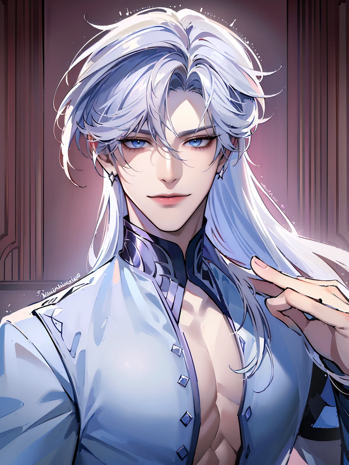 (masterpiece, 8k, high quality, best quality:1.6), 1boy, solo, long hair, white hair, asymmetrical fringe, blue eyes, handsome, sharp eyes, (mature male, mature:1.2), male focus, fashionable,no shirt, diamond necklace, indoors, castle, dark red wallpaper, close up, smile, long eyelashes, soft shadows, perfect anatomy