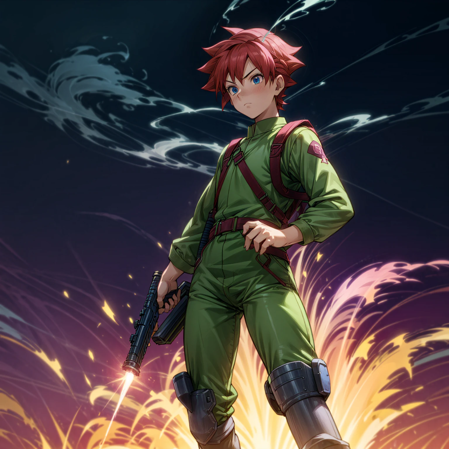 1boy, muscle, Full body version, 1character, blue eyes, short haircut, magenta color hair, Farmer style outfit, Boots, Grassroots, full background in field, motion blur, lighting, (Hunter x Hunter style art), big shotgun in hand, big weapon in hand, robot Shield in hand, smoke effect, fire effect, lighting on gun, plasma effect,