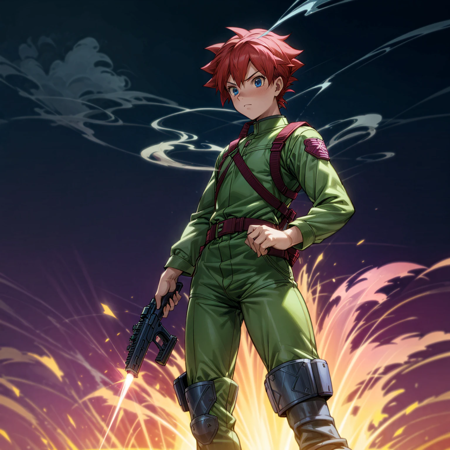 1boy, muscle, Full body version, 1character, blue eyes, short haircut, magenta color hair, Farmer style outfit, Boots, Grassroots, full background in field, motion blur, lighting, (Hunter x Hunter style art), big shotgun in hand, big weapon in hand, robot Shield in hand, smoke effect, fire effect, lighting on gun, plasma effect,