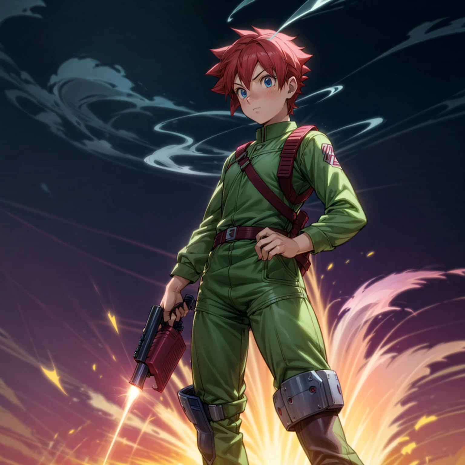 1boy, muscle, Full body version, 1character, blue eyes, short haircut, magenta color hair, Farmer style outfit, Boots, Grassroots, full background in field, motion blur, lighting, (Hunter x Hunter style art), big shotgun in hand, big weapon in hand, robot Shield in hand, smoke effect, fire effect, lighting on gun, plasma effect,