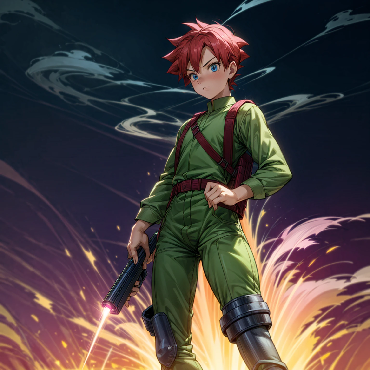 1boy, muscle, Full body version, 1character, blue eyes, short haircut, magenta color hair, Farmer style outfit, Boots, Grassroots, full background in field, motion blur, lighting, (Hunter x Hunter style art), big shotgun in hand, big weapon in hand, robot Shield in hand, smoke effect, fire effect, lighting on gun, plasma effect,