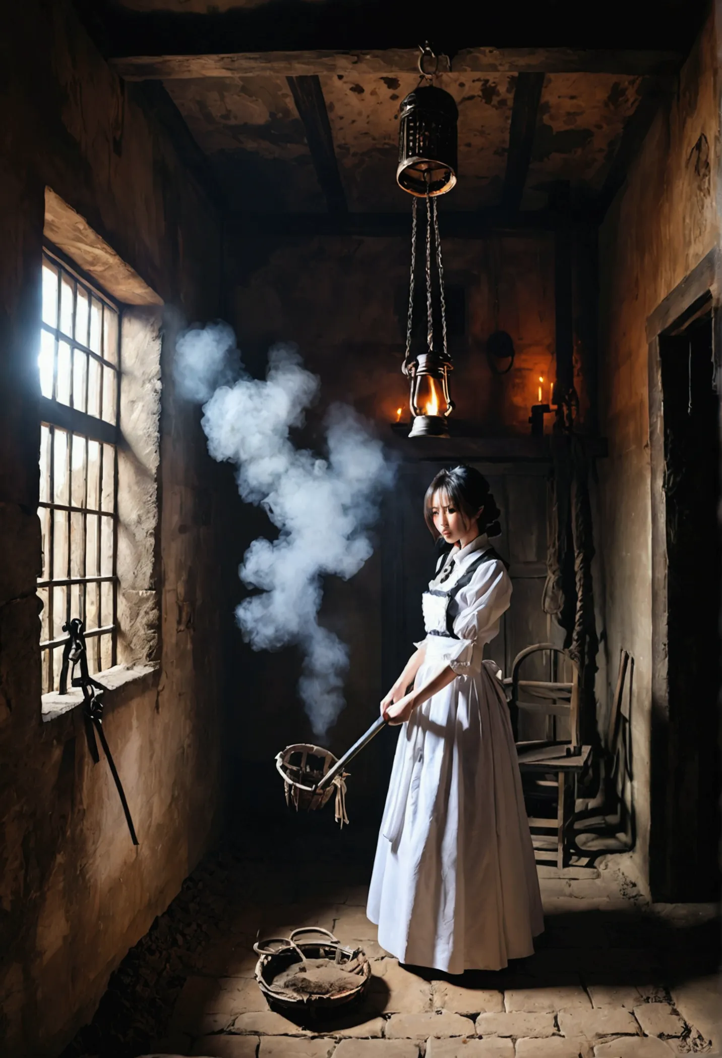 landscape photography、torture chamber,1gril、beautiful woman、maid clothes