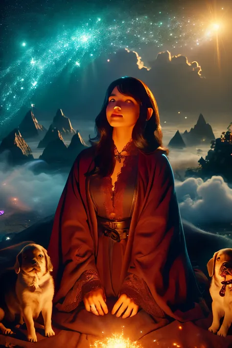 (Ultra-detailed face, looking away, Fantasy Illustration with Gothic, Ukiyo-e, Comic Art), 
BREAK 
(This is 10,000 feet above the ground. Clouds are below, and the airship shines brightly against the twinkling stars and the red moon), 
BREAK 
(DarkElves: A middle-aged dark elf woman with silver color hair, blunt bangs, bob cut and dark purple color skin, lavender color eyes), (MagicUser: A dark elf woman wears an orange wizard's robe embroidered with lace and geometric patterns), (Magical: She wears a sparkling aura), 
BREAK 
(The dark elf woman floats in the sky on a cloud with many puppies in a joyful and daring pose. Sparkling trails of light. Sparkling trails of light. Sparkling trails of light. speed lines:1.3)