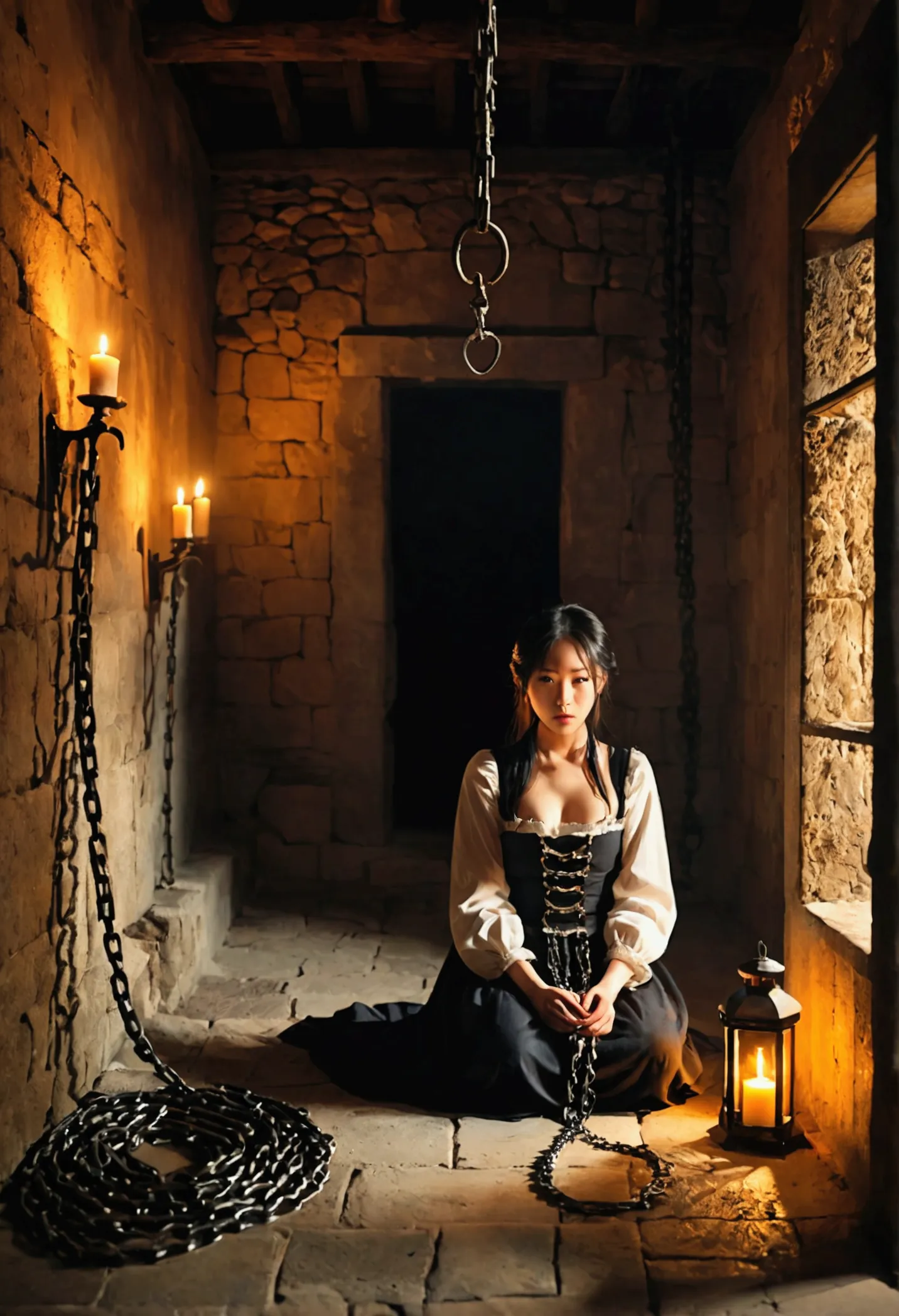 landscape photography、torture chamber,1gril、beautiful woman、maid clothes、sitting on the floor in chains、windowless stone room、ca...