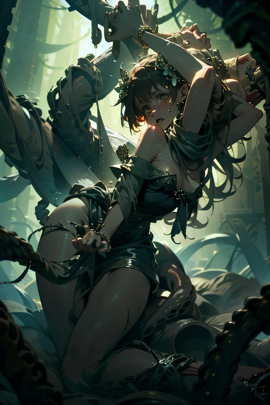  ((best quality)), ((masterpiece)), (detailed), 1 fairy girl, off-shoulder sweater, a fairy, fairy girl, winged pixie girl, girl fairy, various different types of insect wings, small breasts, NSFW，Covered with tentacles, encoiled by tentacles, Tentacles around the body, many tentacles, captured by tentacles, bound by tentacles, trapped by tentacles, Fine details，Tentacled，Tied with tentacles, roaming tentacles, drooling，Crying，horrified expression, panic, fight for survival, Detailed body，Full limbs，NSFW, being pulled into a flower, wild environment, jungle, terrifying floral environment, horrific nature, predatory flora, fairy catcher, fairy trapper, fairy catcher plant, fairy trapper-plant, fairy catcher flower, fairy trapper-flower inspired by carnivorous plants; a plant occupying the equivelant evolutionary niche as a spider would 