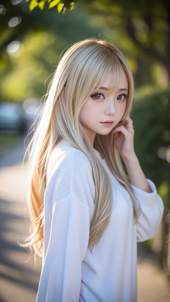 Highest quality、Highest quality、High resolution、8k、masterpiece、Young Japanese Woman、One Woman、blonde、blonde、Long Hair、Blurred Background、Big eyes、Daytime、sunlight、Private Server、casual、Various clothes、