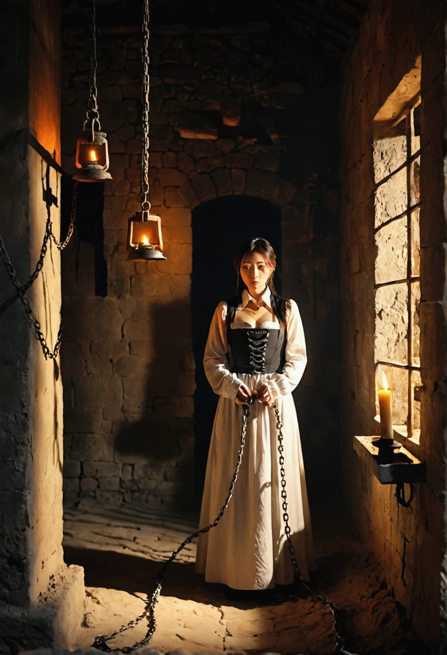 Landscape Photography、Torture chamber,1gril、Beautiful woman、Maid clothes、The woman is wearing a collar and is chained、Windowless stone room、Candlelight