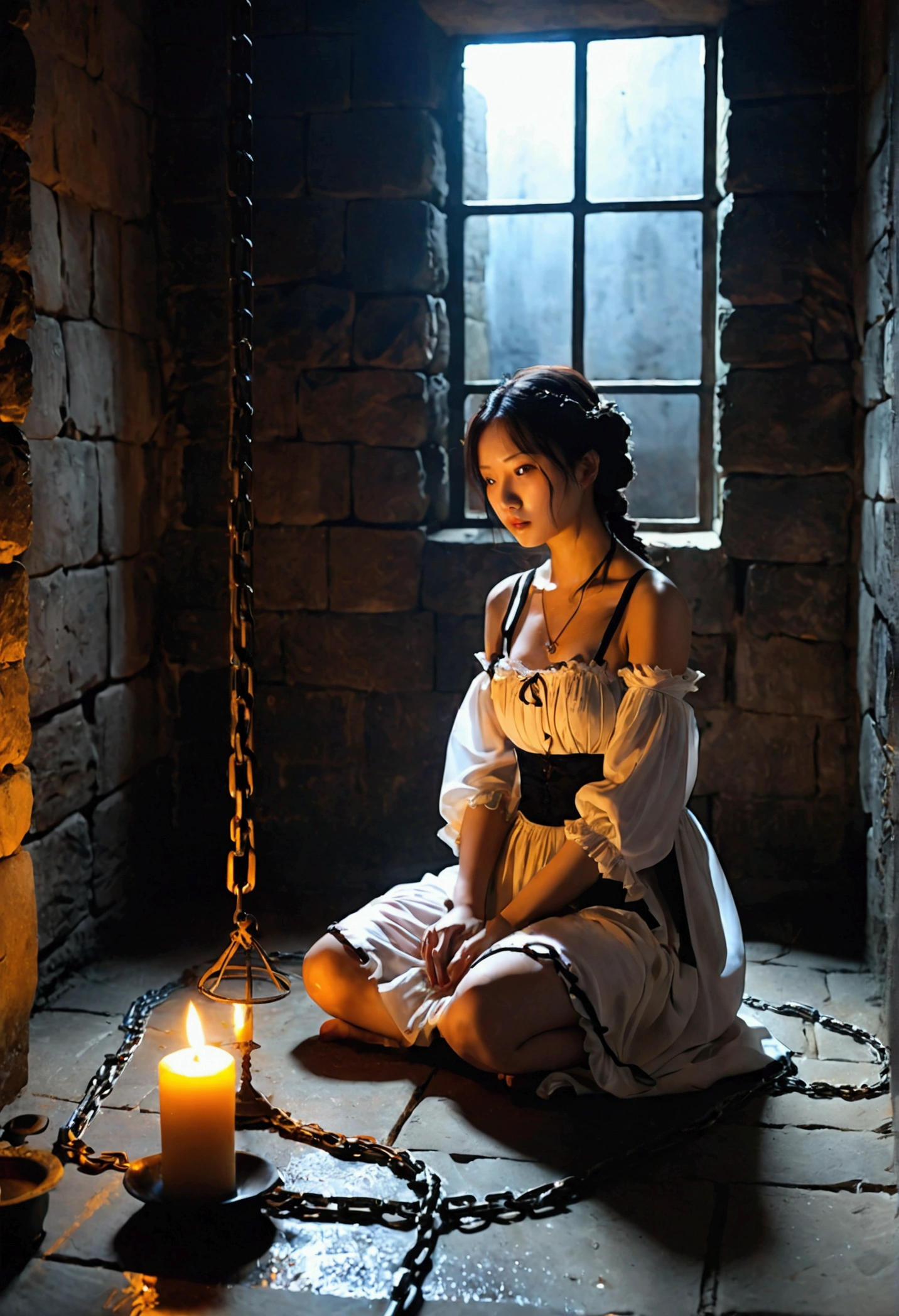 Landscape Photography、Torture chamber,1gril、Beautiful woman、Maid clothes、Sitting on the floor in chains、Windowless stone room、Candlelight