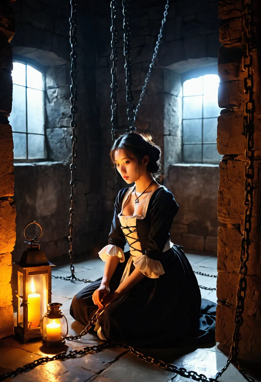 landscape photography、torture chamber,1gril、beautiful woman、maid clothes、sitting on the floor in chains、windowless stone room、ca...