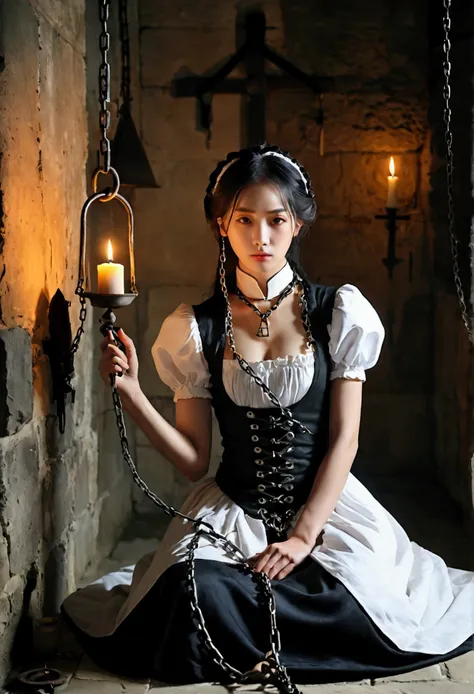 landscape photography、torture chamber,1gril、beautiful woman、maid clothes、the woman is wearing a collar and is chained、windowless...