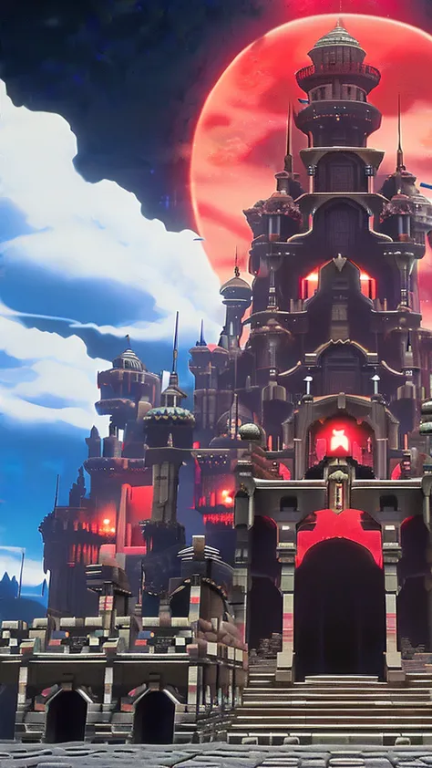 crimson anime castle of hell and red sky