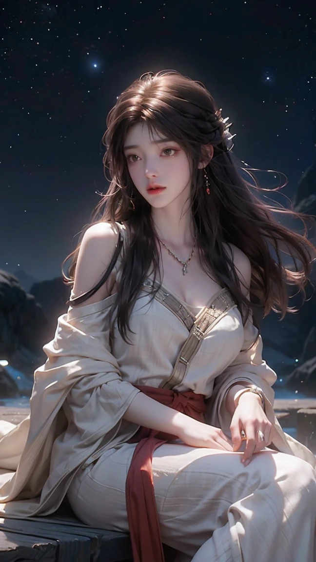 (masterpiece:1.5, Highest quality, Very detailed、 Dutch Angle、Semi-realistic、Fantasy)(One Girl, alone)(White and beautiful hair:1.4,,Straight Long Hair)(Dress in black tones、Fantasy Costume)、((Off the shoulder、Mid-chest、ruby ​​necklace))(Beautiful cleavage、Legs wrapped in tights)(Beautiful starry sky、Mystical Night、Particles of light float around the woman、Fantasy space) Waiting to start
