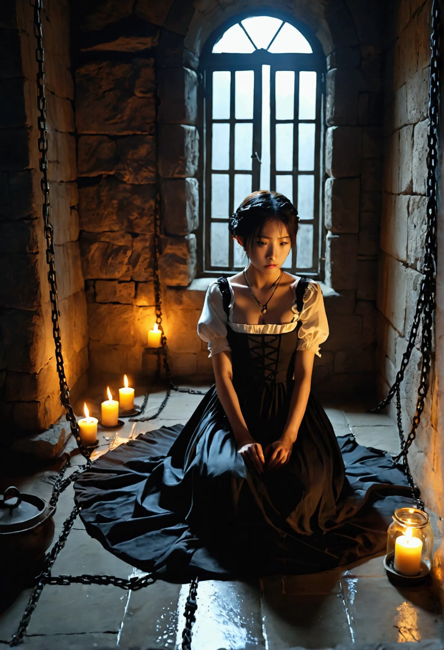 landscape photography、torture chamber,1gril、beautiful woman、maid clothes、sitting on the floor in chains、windowless stone room、ca...