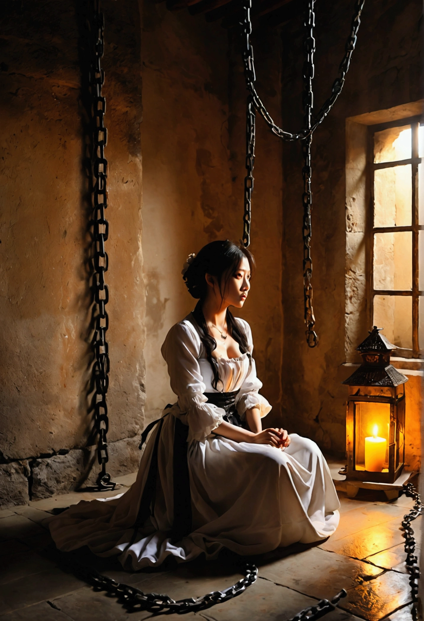 Landscape Photography、Torture chamber,1gril、Beautiful woman、Maid clothes、Sitting on the floor in chains、Windowless stone room、Candlelight