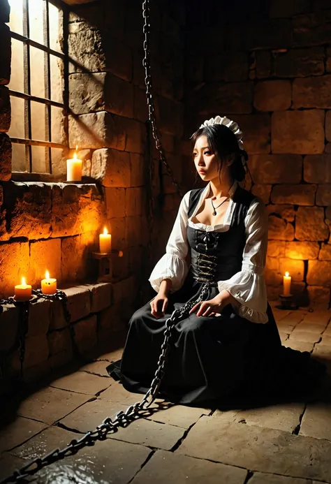 landscape photography、torture chamber,1gril、beautiful woman、maid clothes、sitting on the floor in chains、windowless stone room、ca...