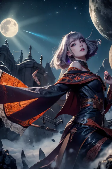 (Ultra-detailed face, looking away, Fantasy Illustration with Gothic, Ukiyo-e, Comic Art), 
BREAK 
(This is 10,000 feet above the ground. Clouds are below, and the airship shines brightly against the twinkling stars and the red moon), 
BREAK 
(DarkElves: A middle-aged dark elf woman with silver color hair, blunt bangs, bob cut and dark purple color skin, lavender color eyes), (MagicUser: A dark elf woman wears an orange wizard's robe embroidered with lace and geometric patterns), (Magical: She wears a sparkling aura), 
BREAK 
(The dark elf woman floats in the sky on a cloud with many puppies in a joyful and daring pose. Sparkling trails of light. Sparkling trails of light. Sparkling trails of light. speed lines:1.2)