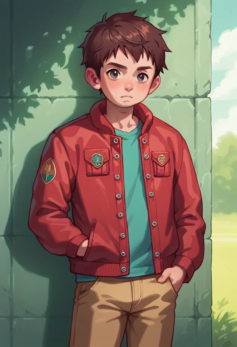 (((Masterpiece))), best quality, cowboy shot, perfect anatomy, (detailed face), outdoors, sunny, warm sunlight, (((realistic faces))), realistic anatomy, painterly)) 1boy, ((shota)), solo, red jacket, three quarter view