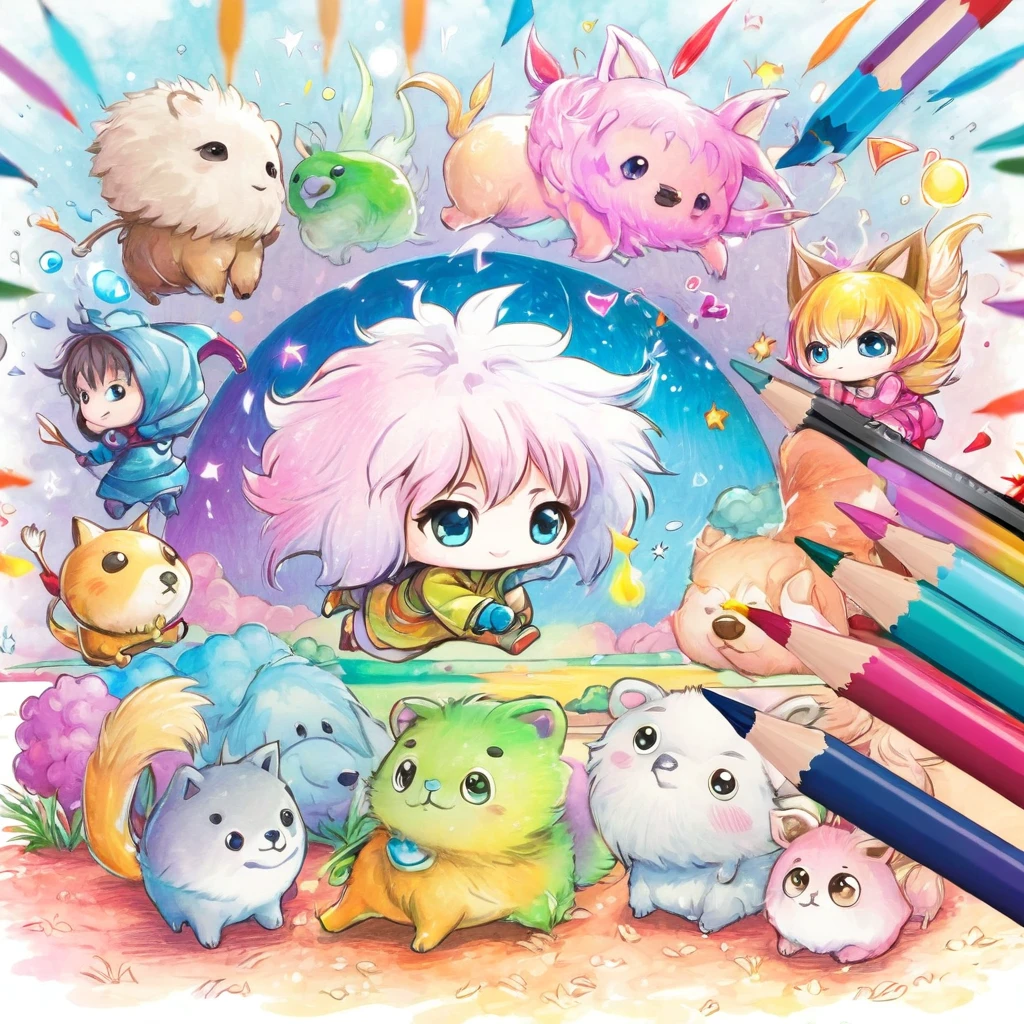 chibi characters and fluffy animals drawn by children with crayons, 2.5D, delicate and dynamic, poorly drawn manga-style images, contrast magic effects