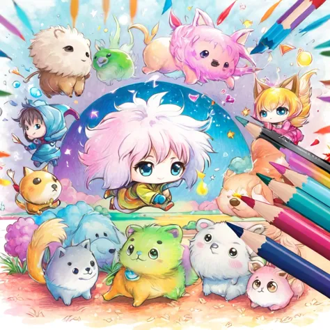 chibi characters and fluffy animals drawn by children with crayons, 2.5d, delicate and dynamic, poorly drawn manga-style images,...