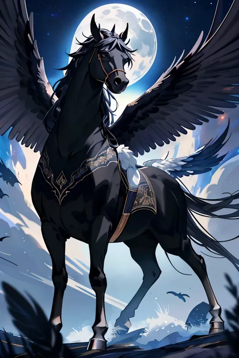 Black Pegasus (s2)

In this captivating image, a majestic black Pegasus is depicted with intricate detail and unmatched precision. The Pegasus stands against a backdrop of a dark, star-speckled sky, its sleek body outlined against the radiant lights.

The Pegasus's wings are a marvel of artistry, each feather meticulously crafted with a glossy sheen. Its powerful legs are taut and muscular, the hooves shining as they dig into the ground. The Pegasus's mane and tail flow like a raven's hair, shimmering in the faint moonlight.

The
