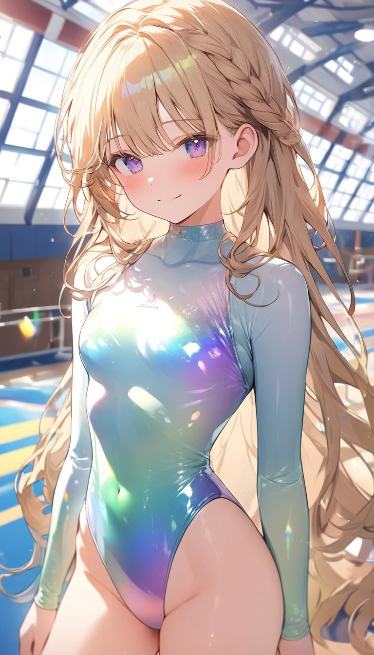 highquality illustration, masterpiece, very delicate and beautiful, attractive girl,(gymnastics leotard,long sleeve leotard with glittery decoration,high_leg leotard,athletic leotard,tight-fit leotard,iridescent gradient leotard,long-sleeve leotard),thin,slender body,slim,high school,gymnasium background,gymnastics club,gymnastics athlete,princess, beautiful eyes,light smile,(masterpiece, best quality:1.2), highres, extremely detailed CG unity 8k wallpaper, perfect lighting, Colourful, ultra-high res,4K,ultra-detailed, photography, 8K, HDR, 17 ages,cowboy shot,