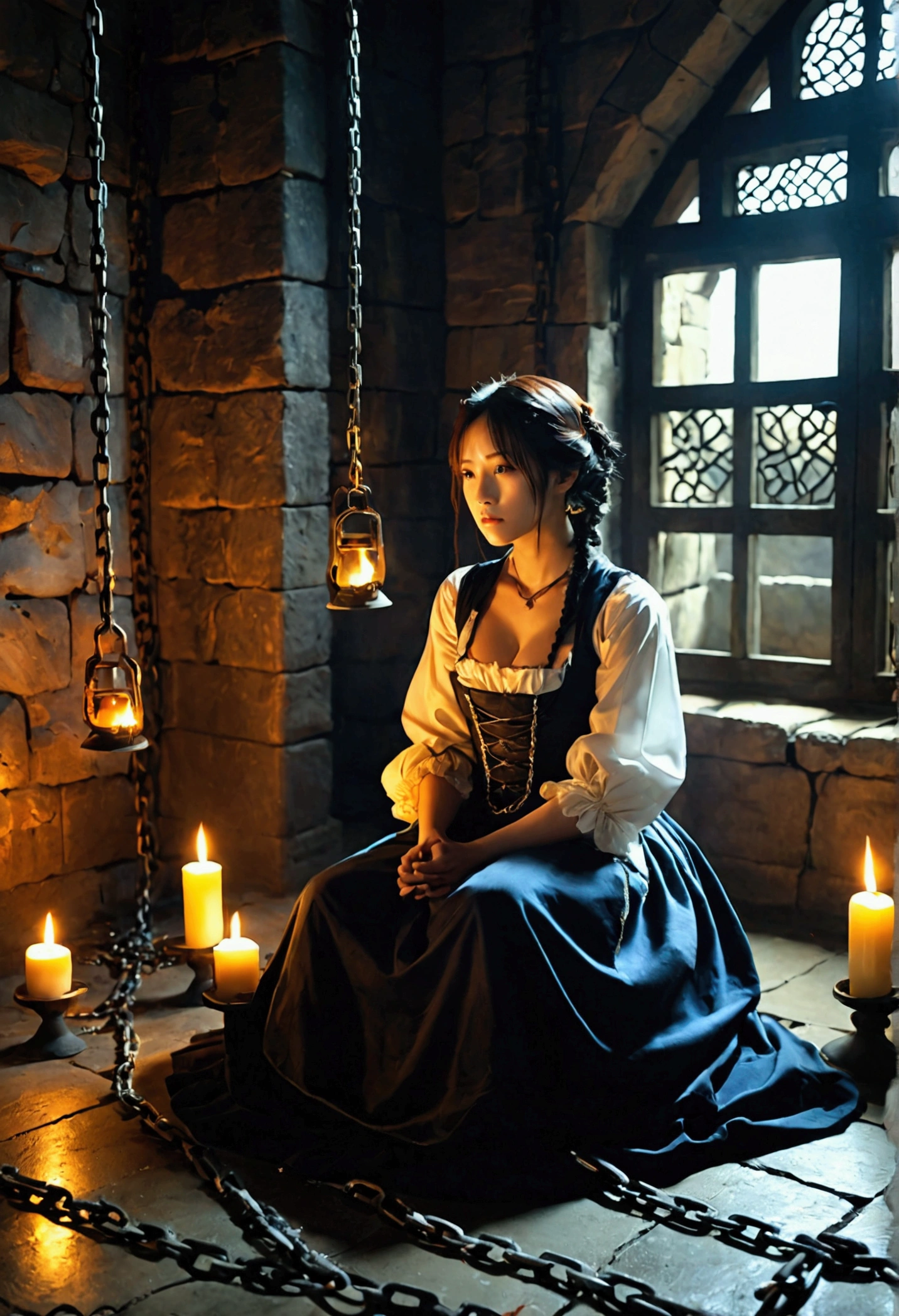 Landscape、Torture chamber,1gril、Beautiful woman、Maid clothes、Sitting on the floor in chains、Windowless stone room、Candlelight