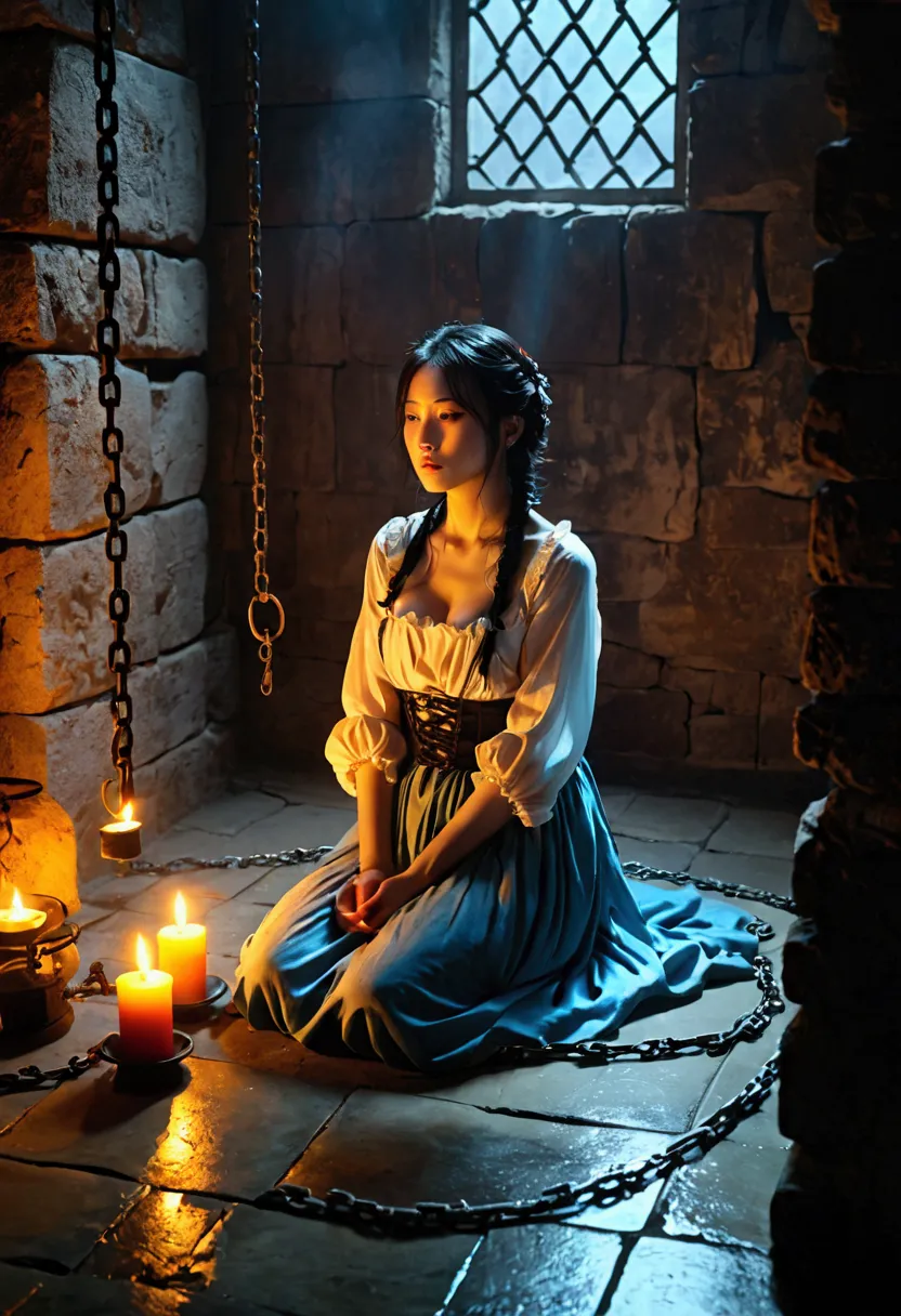 landscape、torture chamber,1gril、beautiful woman、maid clothes、sitting on the floor in chains、windowless stone room、candlelight