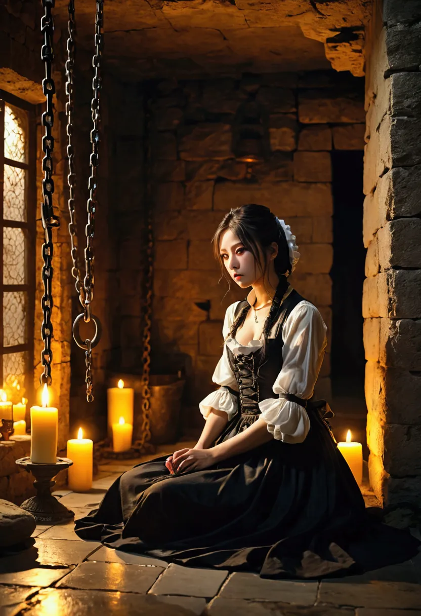 landscape、torture chamber,1gril、beautiful woman、maid clothes、sitting on the floor in chains、windowless stone room、candlelight