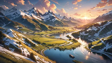 landscape, view, amazing, beautiful detailed scenery, idyllic countryside, lush green meadows, rolling hills, winding river, snow-capped mountains, golden sunset, dramatic clouds, high quality, hyper detailed, photorealistic, intricate details, vivid colors, cinematic lighting, epic, breathtaking, masterpiece