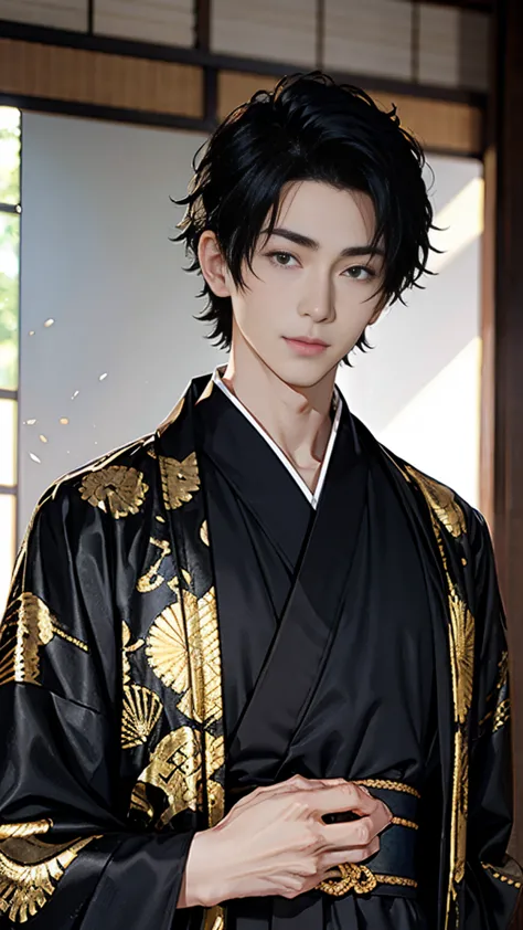 Japanese men、Black Hair、Short Hair、handsome man、30 years old、Black kimono、Handsome、Height: 180 cm、