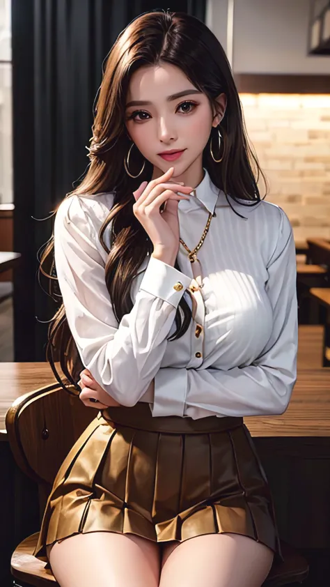 35-year-old woman, beautiful and smart, store management, ,white long sleeve button up blouse_brown pleated mini skirt, super lo...