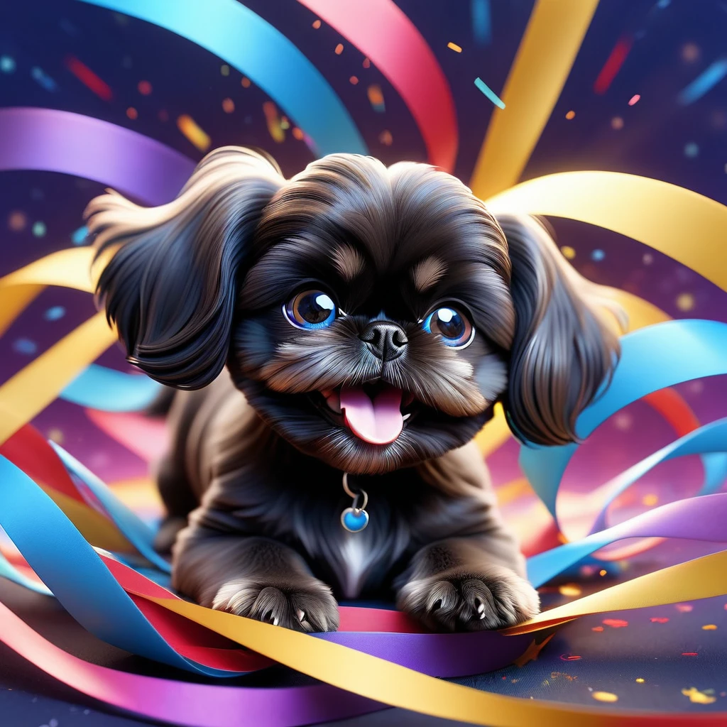 Ultra-small deformation,pop art, (from above), A black Shih Tzu puppy with blue eyes is curling up in the air, glowing cloud back ground surrounded colorful ribbons and particles shaped star, falling through the air, lie on back spreading arms and legs wide, close up happily expression toward the viewer, smoke screen, speed line, Dynamic Motion Blur, Dynamic action scenes 3D Pixar style