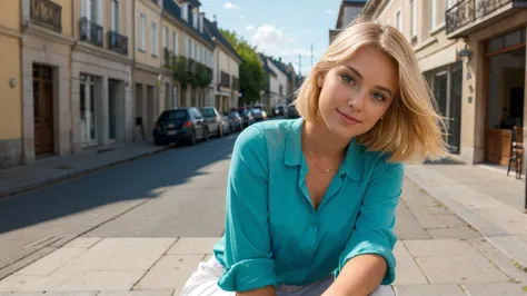 une belle fille blonde de 25 ans aux yeux verts, longs cheveux blonds, dans une ville, on voie de la tête au pied, sitting on he...