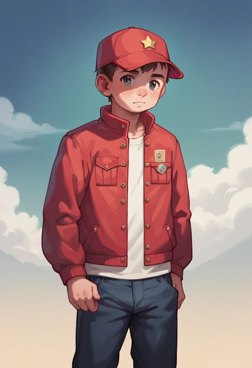 (((Masterpiece))), best quality, cowboy shot, perfect anatomy, (detailed face), outdoors, sunny, warm sunlight, (((realistic faces))), realistic anatomy, painterly)) 1boy, ((shota)), solo, red jacket, three quarter view, cap