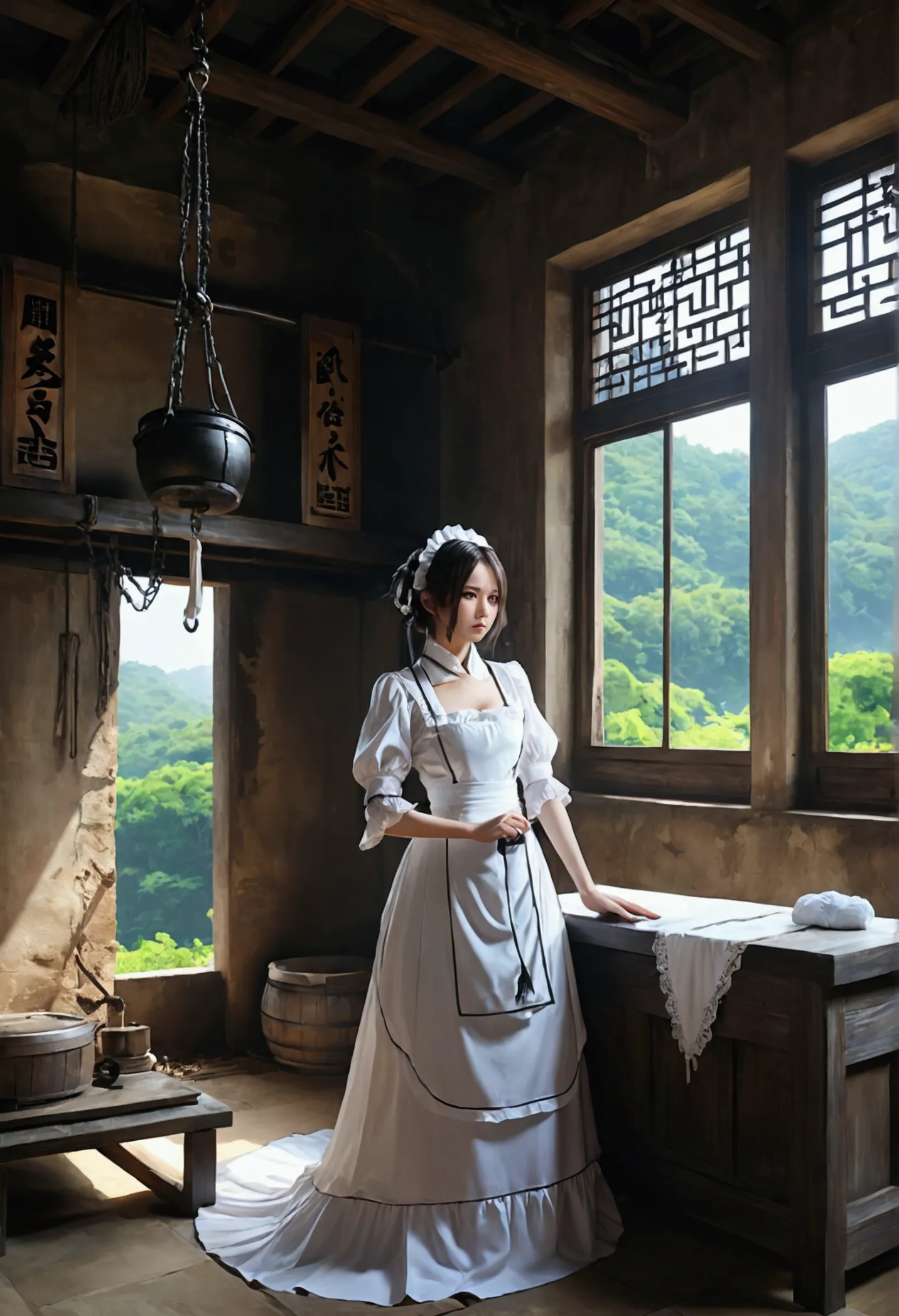 landscape 、torture chamber,1gril、beautiful woman、maid clothes