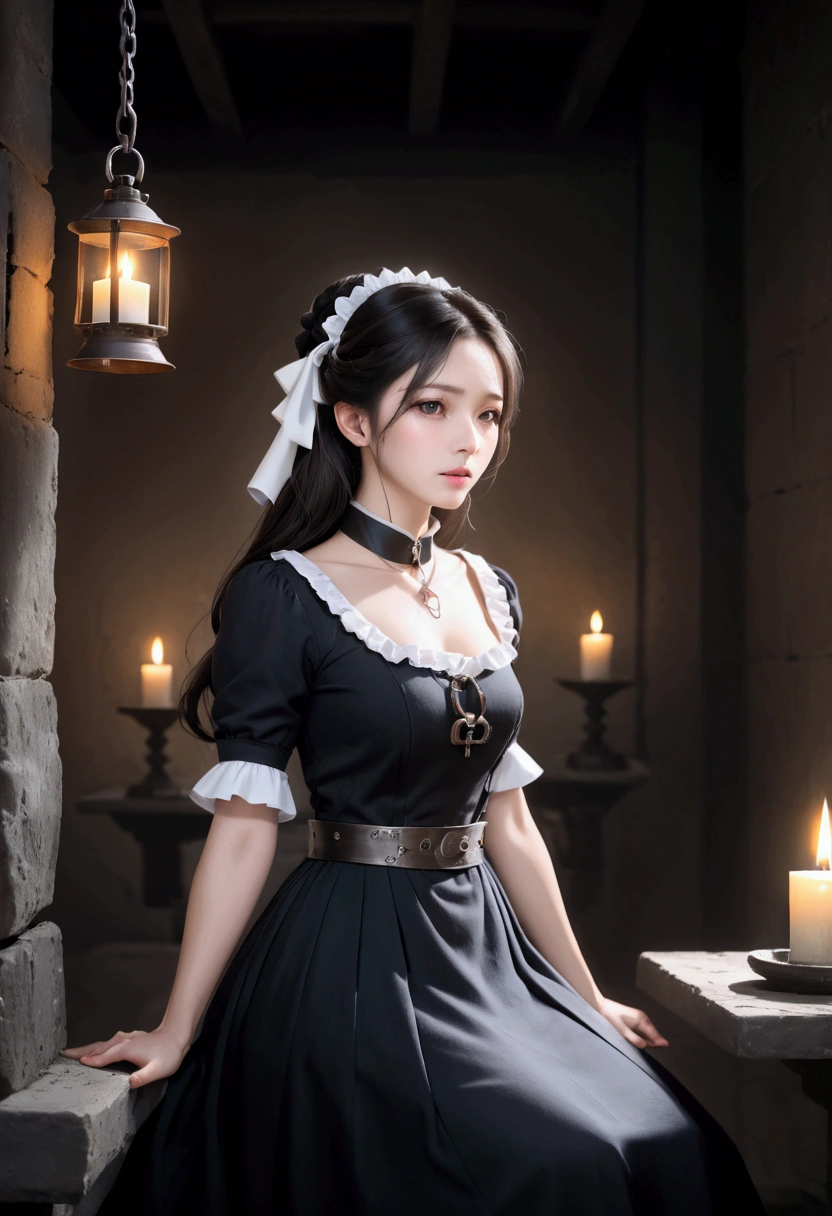 Landscape Photography、Torture chamber,1gril、Beautiful woman、Maid clothes、The woman is wearing a collar and is chained、Windowless stone room、Candlelight