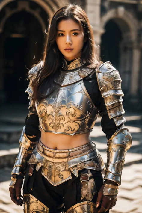 A woman in armor posing, Bikini Armor 女骑士, Armor Girl, , Bikini Armor, Metal Armor，Heavy armor，Metallic Bikini，metal breastplate...