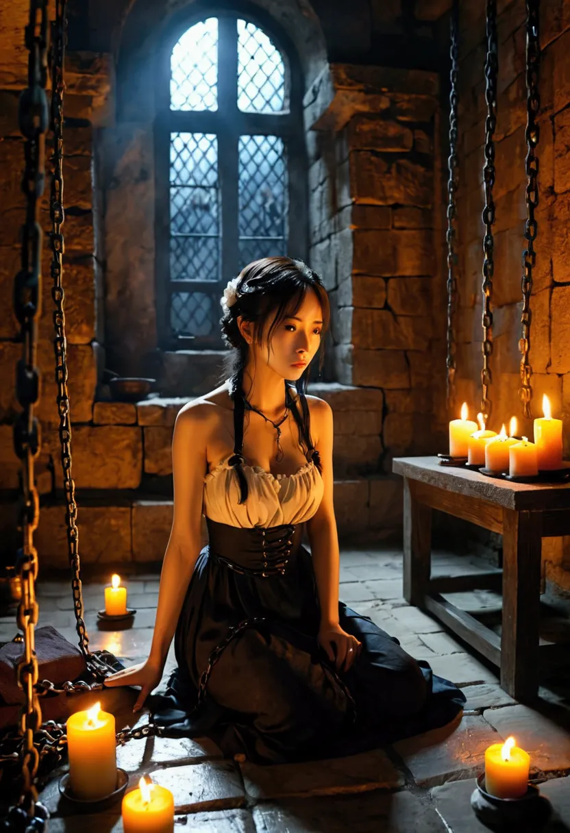 landscape、torture chamber,1gril、beautiful woman、maid clothes、sitting on the floor in chains、windowless stone room、candlelight