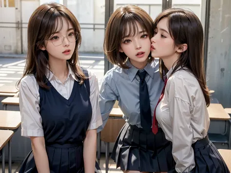 ((2 Japan schoolgirl)), ((2 Cute Girls)), 18 years old, yuri, (school uniform), (White shirt), (red neck tie), (Navy blue pleate...