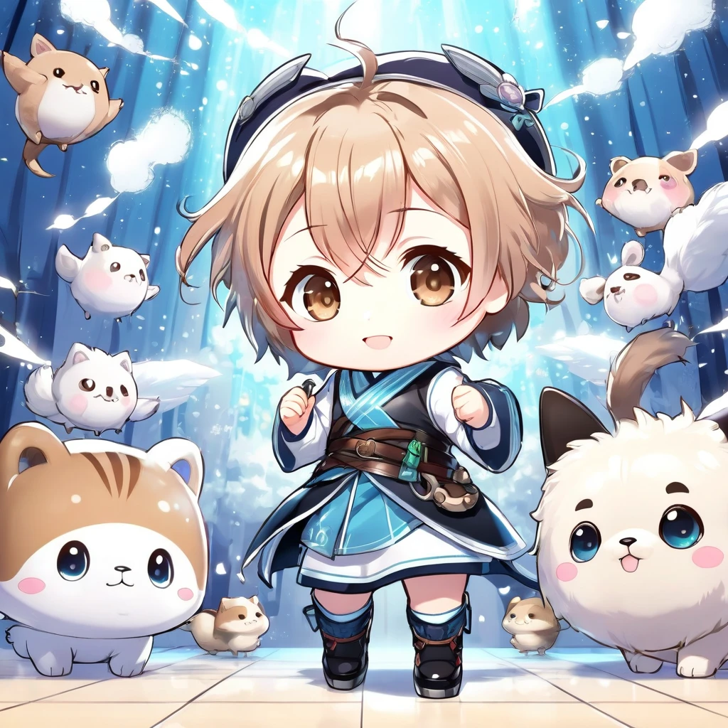 Personajes chibi y animales peludos dibujados por niños., Imágenes mal dibujadas al estilo manga., 2.5D, delicado y dinámico, efectos mágicos de contraste, Arte gráfico CG