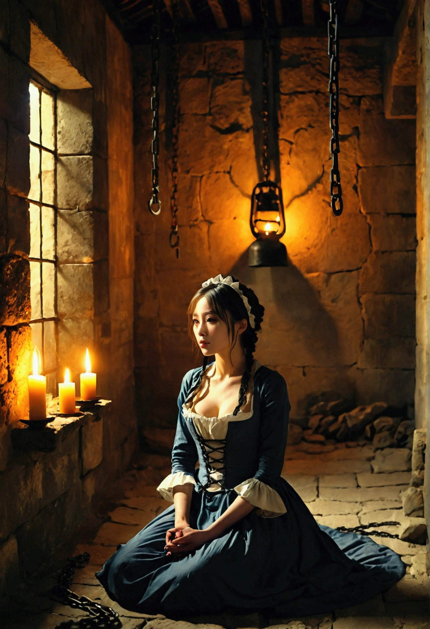 Landscape、Torture chamber,1gril、Beautiful woman、Maid clothes、Sitting on the floor in chains、Windowless stone room、Candlelight