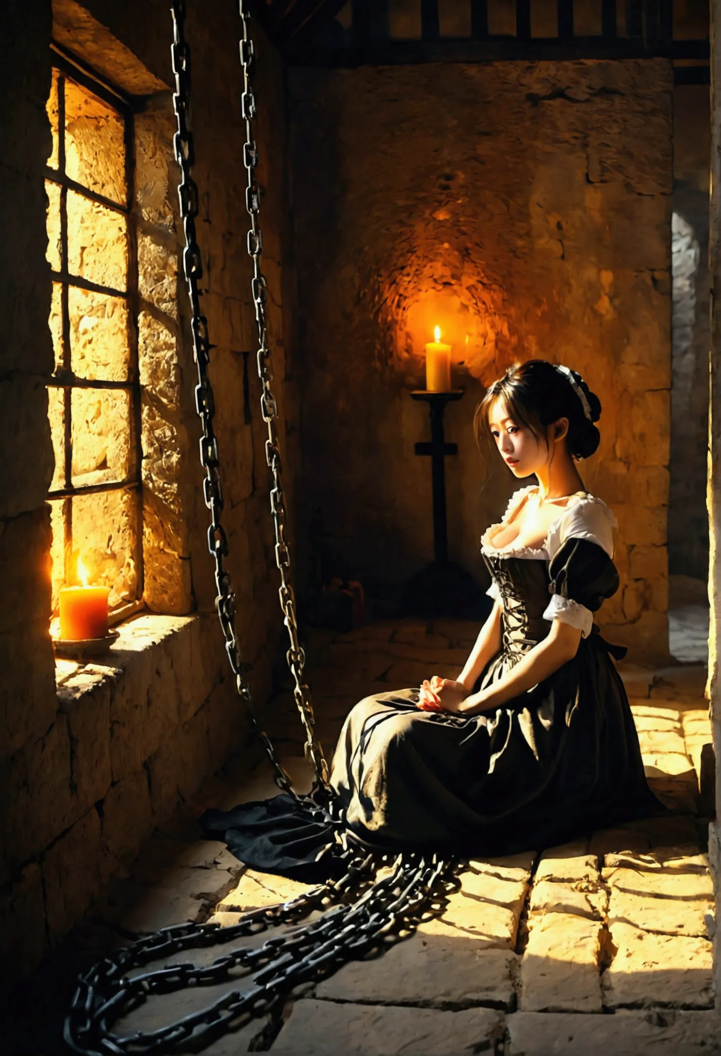 landscape、torture chamber,1gril、beautiful woman、maid clothes、sitting on the floor in chains、windowless stone room、candlelight