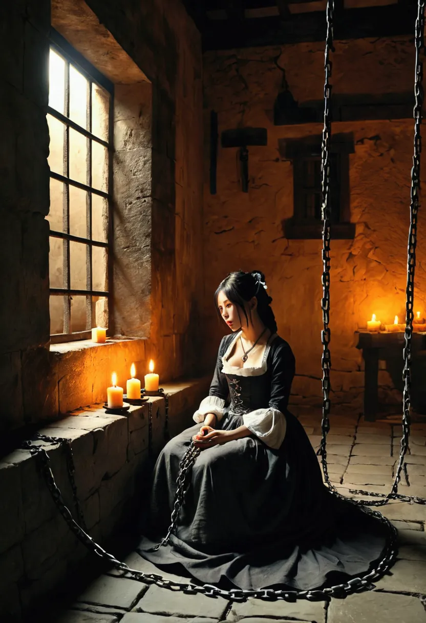 landscape、torture chamber,1gril、beautiful woman、maid clothes、sitting on the floor in chains、windowless stone room、candlelight