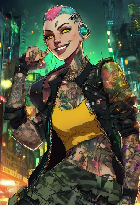 anime mobster, insane smile, lunatic, green buzzcut hair, glowing yellow eyes, multiple tattoos, cyborg girl, punk clothes