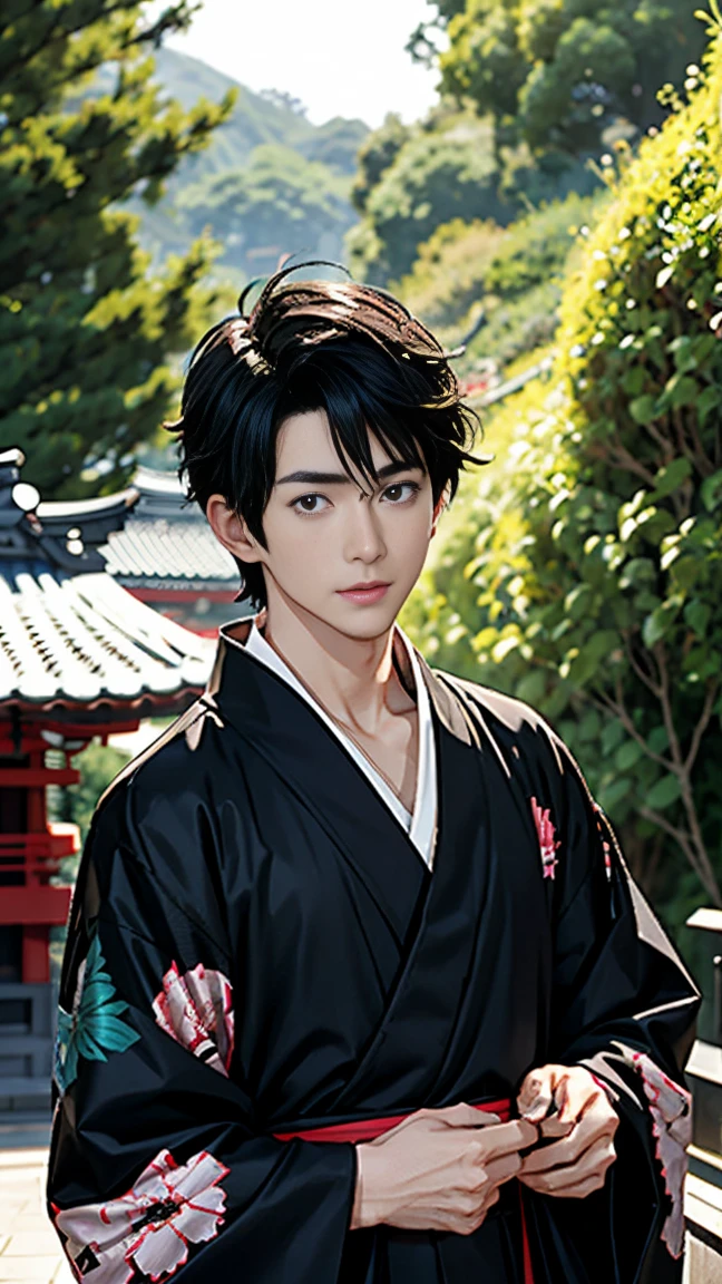 hombres japoneses、pelo negro、cabello corto、hombre guapo、30 años、elegante、Altura: 180 cm、usando una yukata、