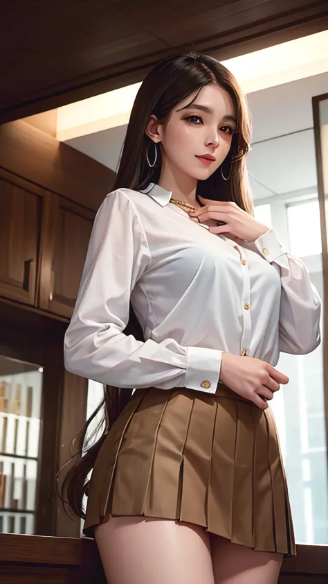 35-year-old woman, beautiful and smart, store management, ,white long sleeve button up blouse_brown pleated mini skirt, super lo...