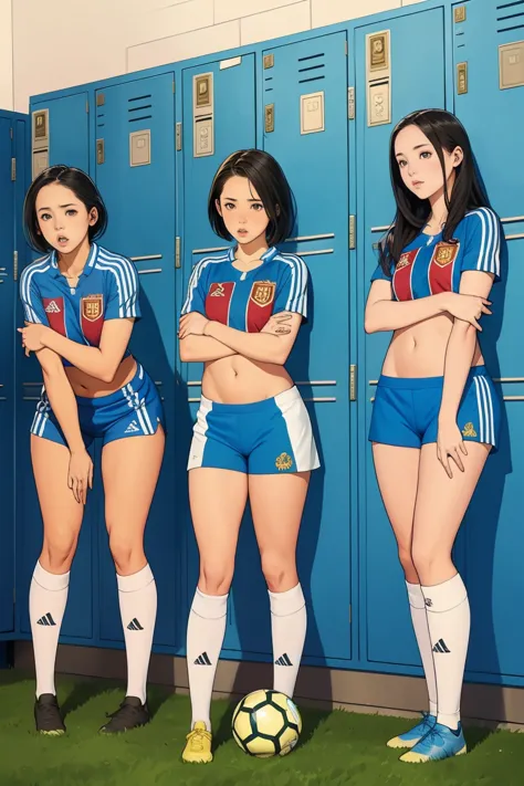 Group of girls, in locker room, Soccer uniform, fullbody shot, undressing, pulling shorts pulled down around knees, scared faces
